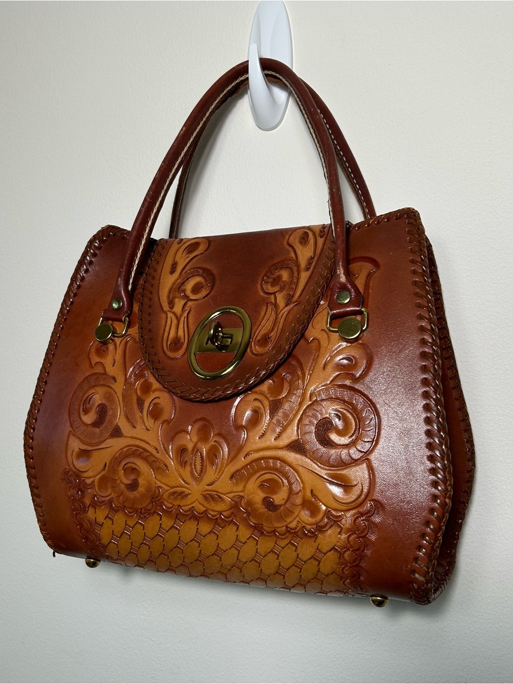 Vintage Joo Kay Hand Tooled Leather Purse Satchel Double Handles Whipstitch